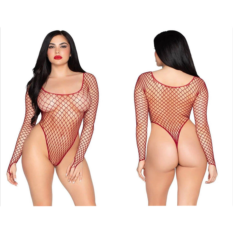 Body a rete Leg Avenue bordeaux con maniche lunghe