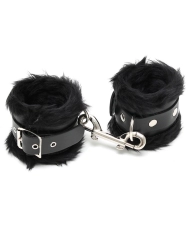 Black leather & fur padded handcuffs - Rimba