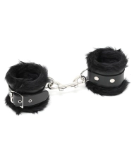 Black leather & fur padded handcuffs - Rimba