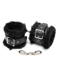 Black leather & fur padded handcuffs (Ankles) - Rimba