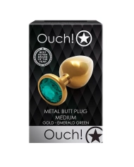 Gold metal anal plug with green crystal (Medium) - Ouch!