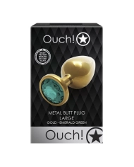 Gold metal anal plug with green crystal (Large) - Metal Butt Plug Ouch!