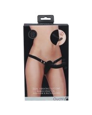 Double strapon ajustable et dildo vibrant en silicone strié (Noir) - Ouch!