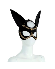 Maschera in pelle nera con parti in metallo e catena dorata - Couture XX-DREAMSTOYS