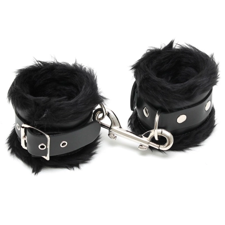 Black leather & fur padded handcuffs (Ankles) - Rimba