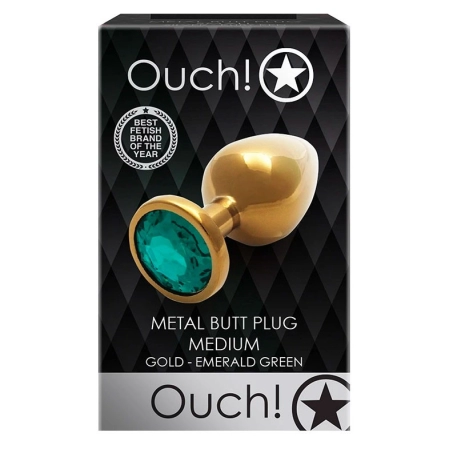 Gold metal anal plug with green crystal (Medium) - Ouch!
