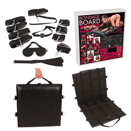 Bondage board with fasteners and BDSM accessories