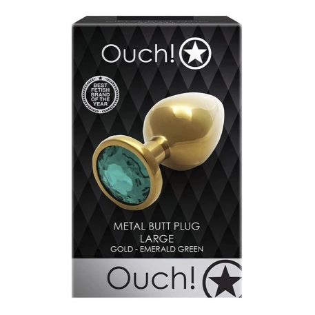 Gold metal anal plug with green crystal (Large) - Metal Butt Plug Ouch!