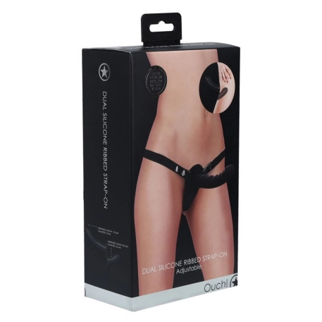 Double strapon ajustable et dildo en silicone strié (Noir) - Ouch!