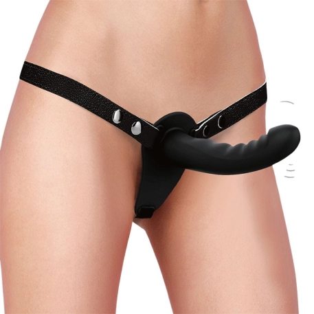 Double strapon ajustable et dildo vibrant en silicone strié (Noir) - Ouch!