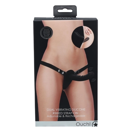 Double strapon ajustable et dildo vibrant en silicone strié (Noir) - Ouch!