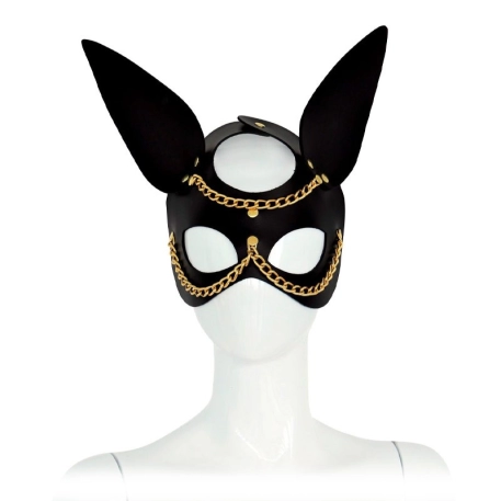 Maschera in pelle nera con parti in metallo e catena dorata - Couture XX-DREAMSTOYS