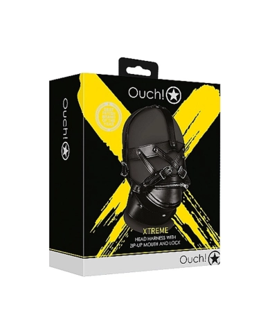 Harnais de tête avec bouche zippée et verrouillage (Noir) - Ouch!
