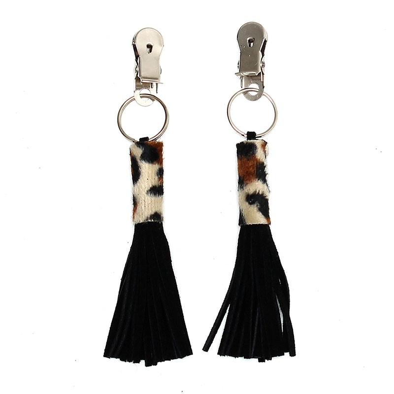 Pinces à seins avec petit fouet cuir suède (Léopard) - Rimba