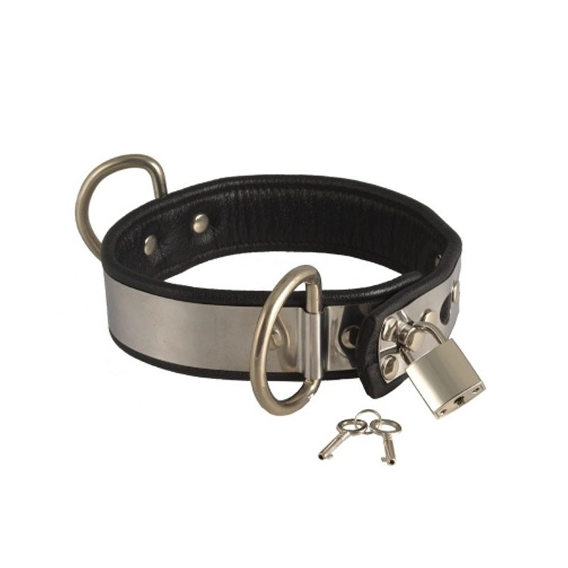 Metallic BDSM collar with padlock (width 3.5 cm) - Rimba