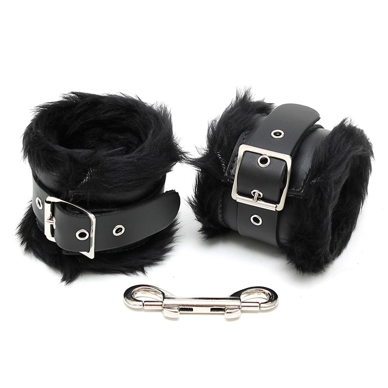 Gepolsterte Leder & Pelz Handfessel Schwarz - Rimba