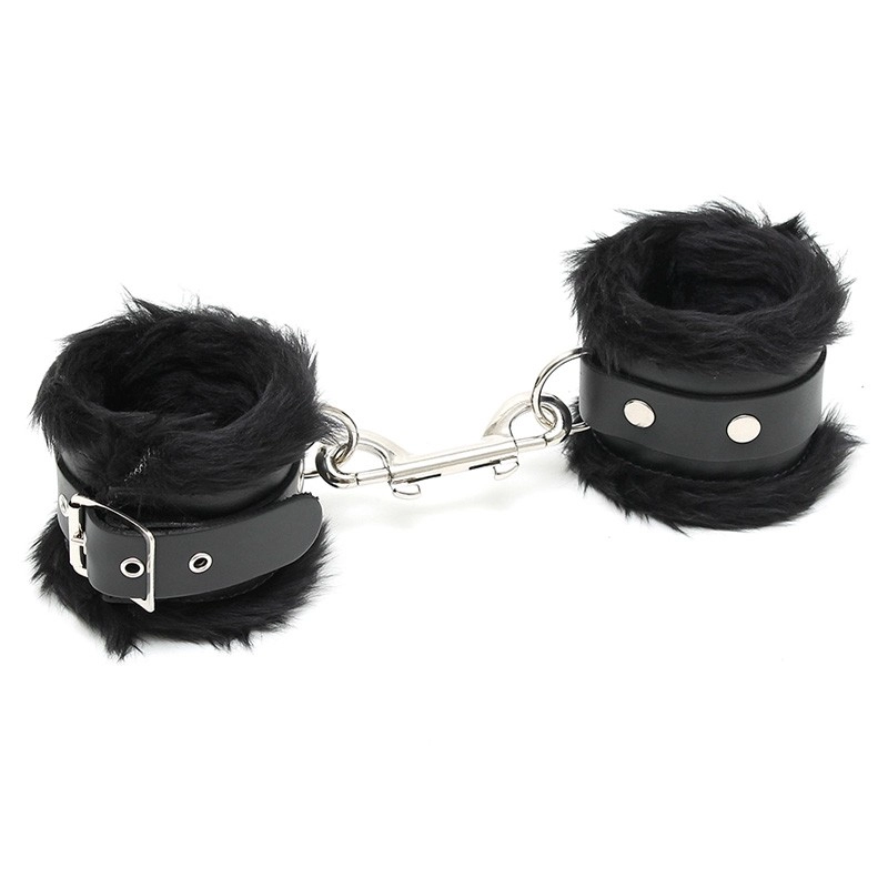 Menottes pour chevilles en cuir & fourrure Noir - Rimba