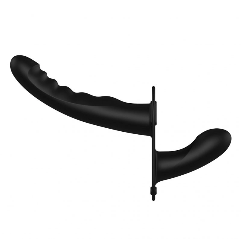 Doppio strapon regolabile e dildo in silicone rigato (nero) - Ouch!